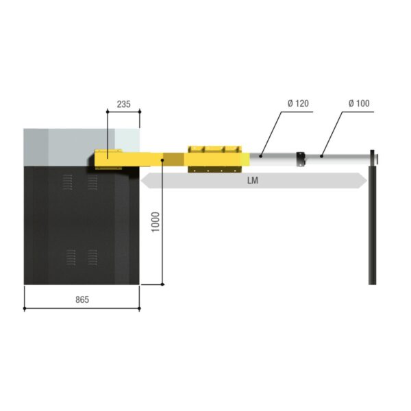 Technische Zeichnung der Motorline GARD 12 Schrankenanlage mit Abmessungen, modularer Schrankenbaum Ø120 und Ø100 mm