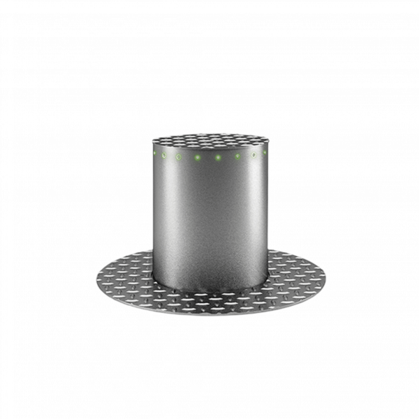 Motorline MPIE10 Edelstahlpoller mit aktivierter LED-Beleuchtung, Ansicht von oben, rutschfester Deckel gut sichtbar.